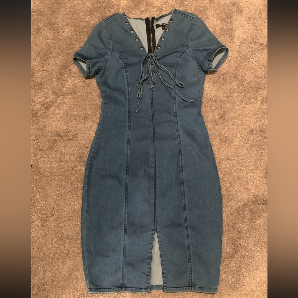 Guess Blue Ruched Tie Front Midi Dress